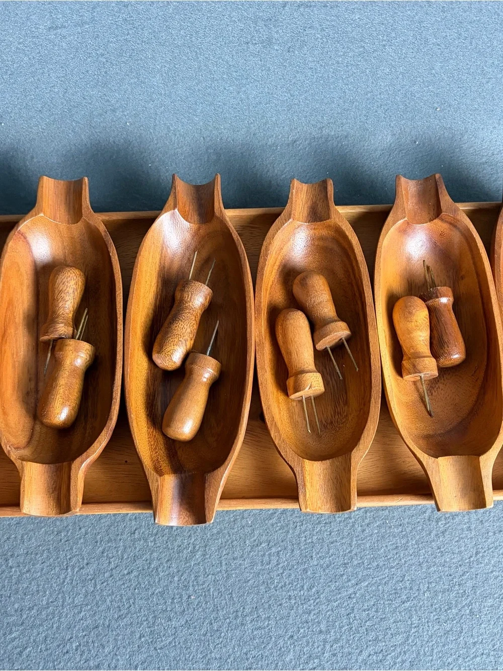 Vintage 70s Wooden Corn on The Cob Holders Complete Set Of 6 Teakwood Monkey Pod